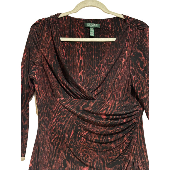 Ralph Lauren Green Label Dress Ruched Animal print Brown sz 10 y2k babydoll work - Picture 4 of 9
